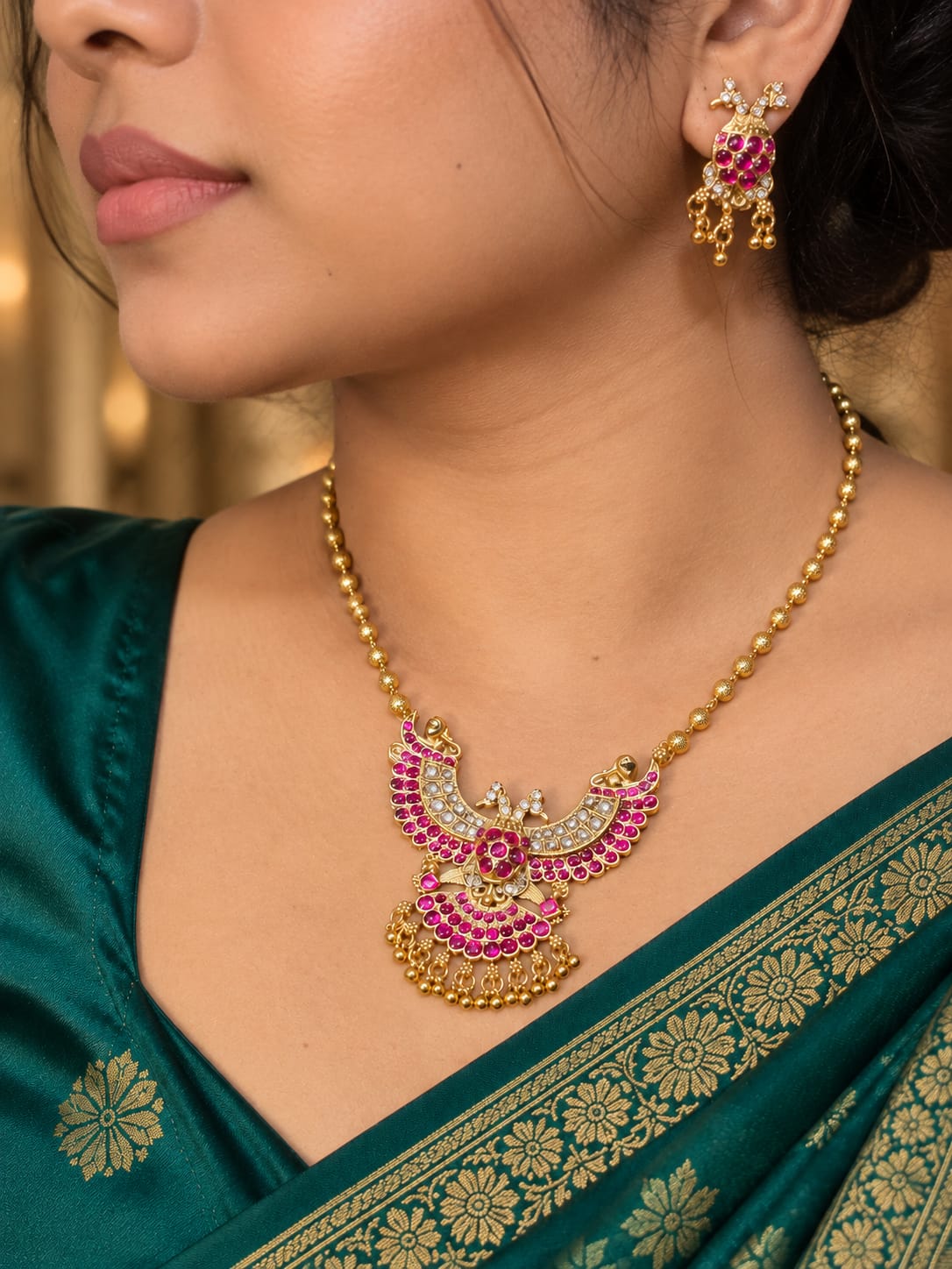 Antique Gold-Plated Flying Bird / Gandaberunda Kemp Ruby Pendant Necklace Set with Matching Drop Earrings - Image 2