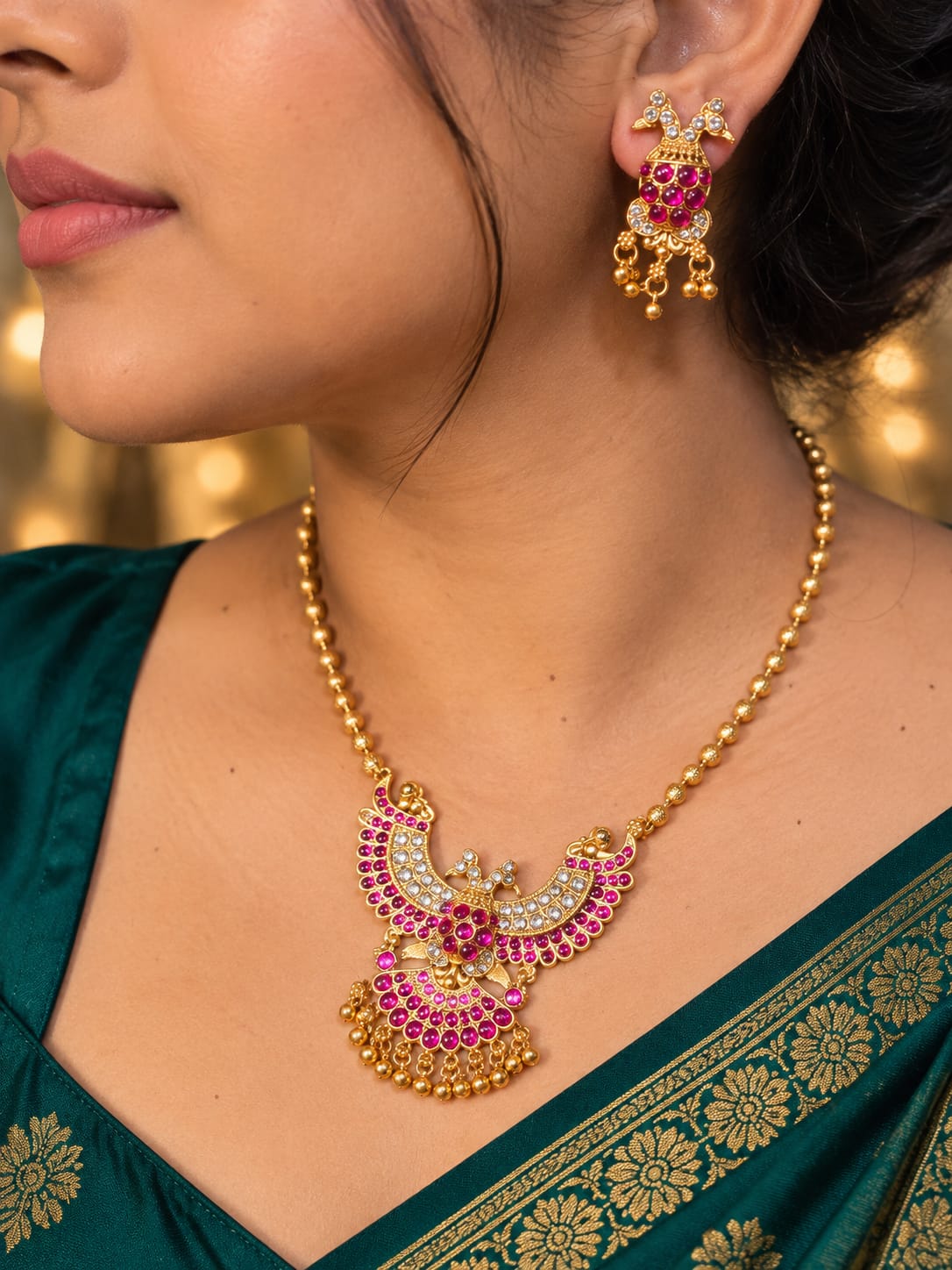 Antique Gold-Plated Flying Bird / Gandaberunda Kemp Ruby Pendant Necklace Set with Matching Drop Earrings