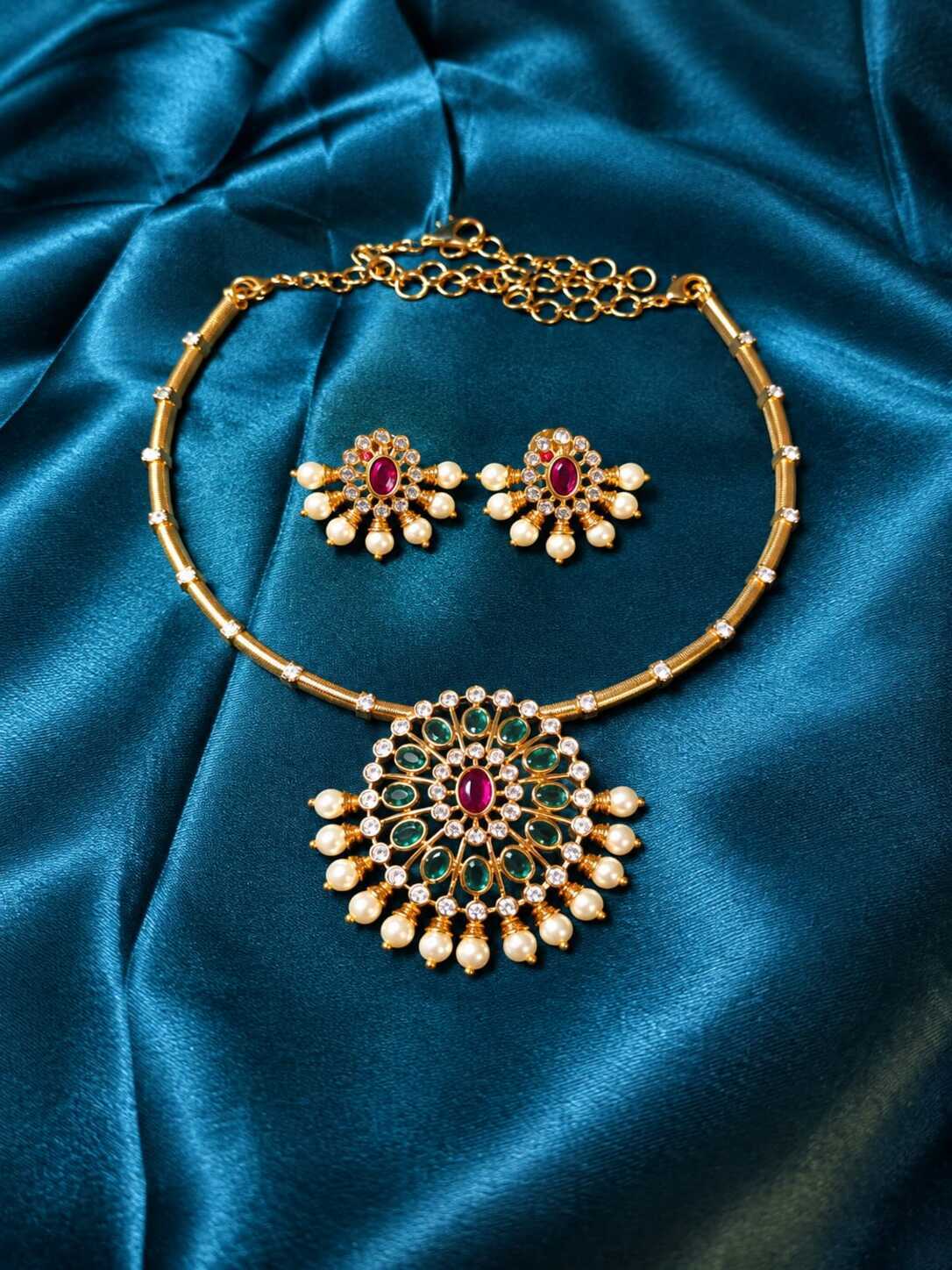 Gold-Plated Floral Mandala Hasli Necklace Set with Pearl Drops and Matching Studs - Image 3