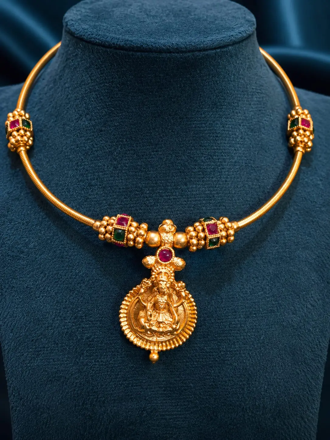 Antique Gold-Plated Lakshmi Temple Hasli Necklace Set with Matching Studs
