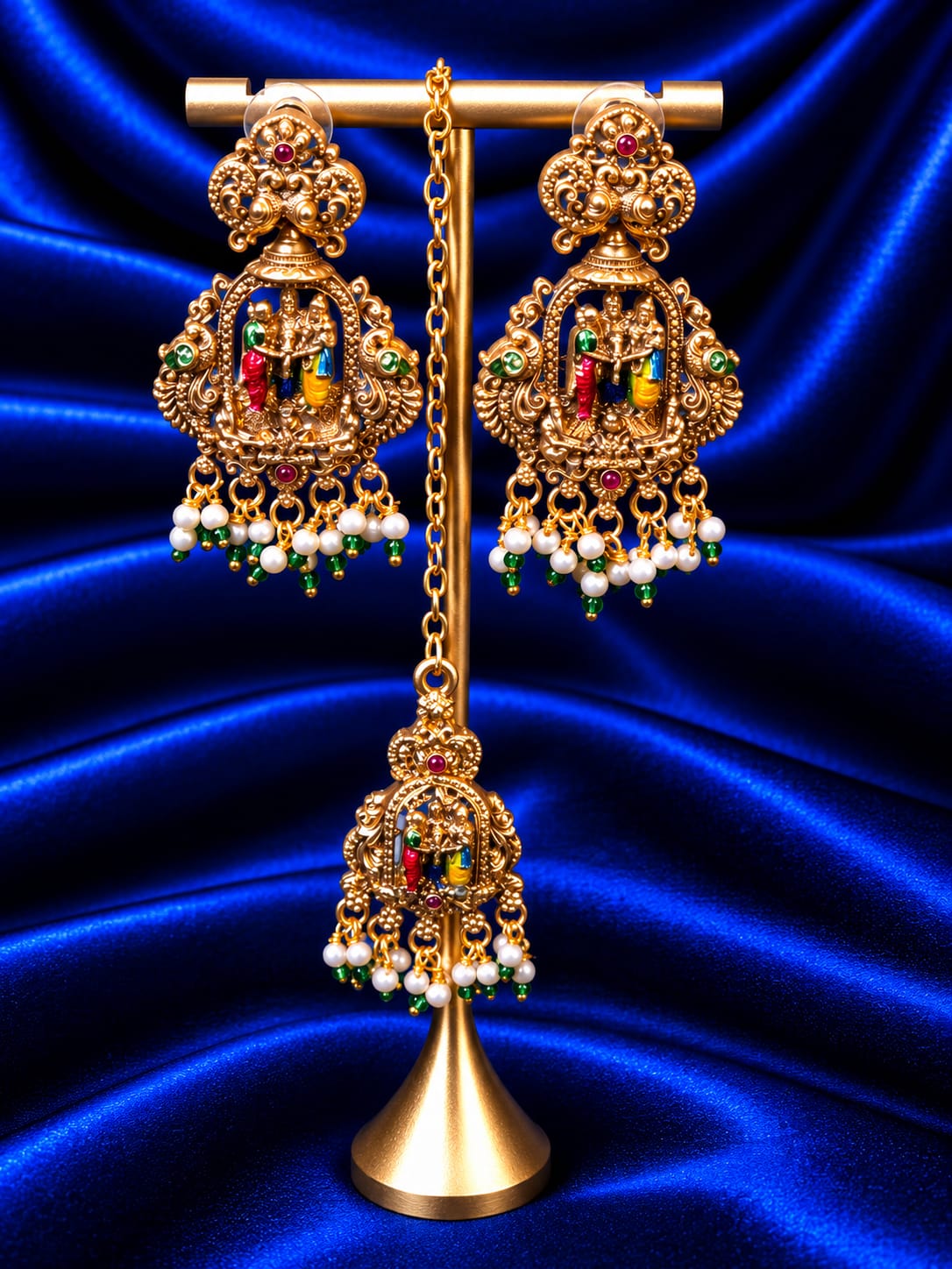 Antique Matte Gold-Plated Ram Parivar Temple Dangler Earrings with Matching Maang Tikka Set