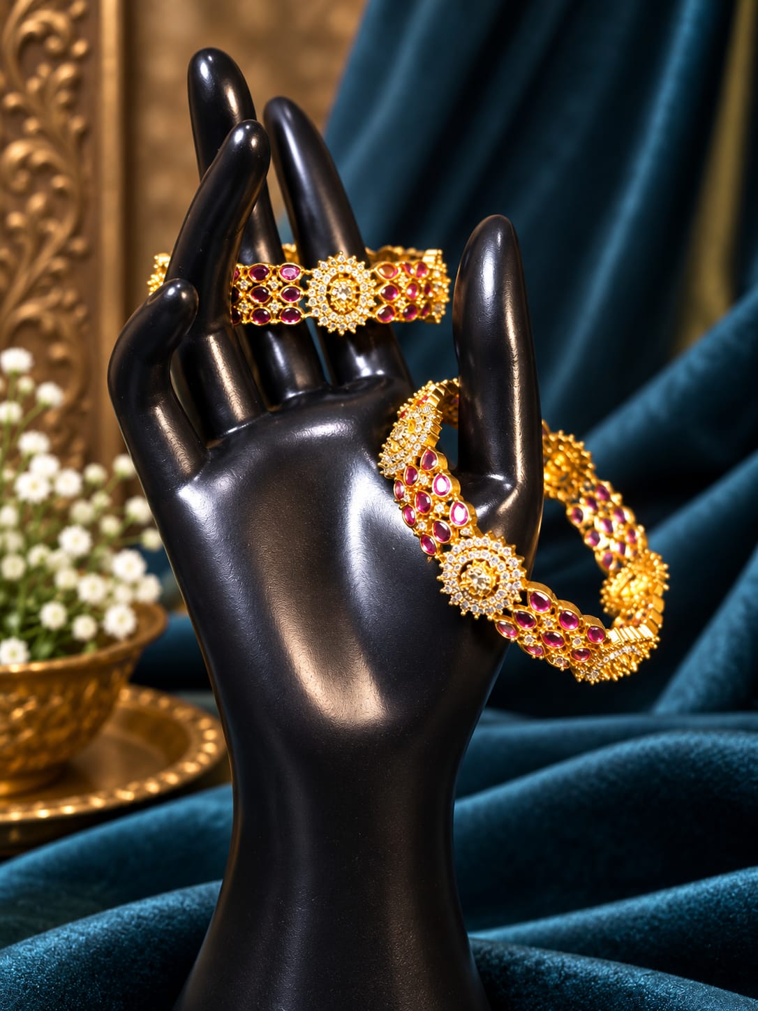 Antique Gold-Plated Floral Rosette Ruby & White Stone Bangle Pair