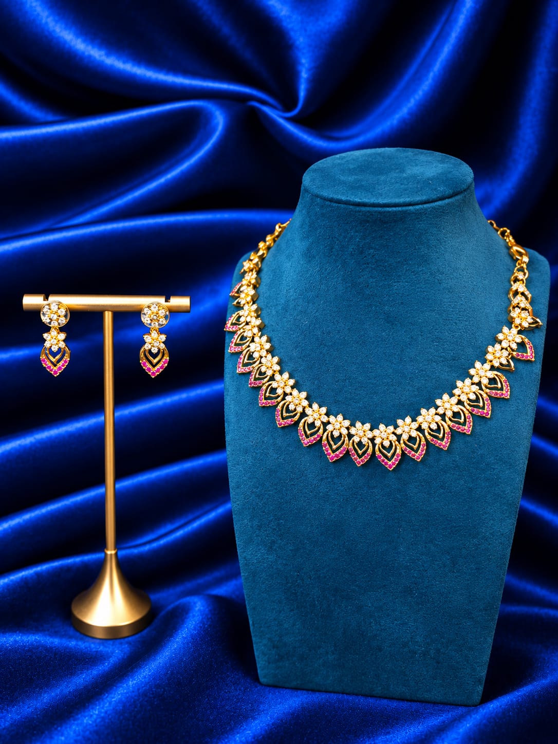 Gold-Plated Floral Leaf CZ & Ruby Stone Necklace Set with Matching Drop Earrings