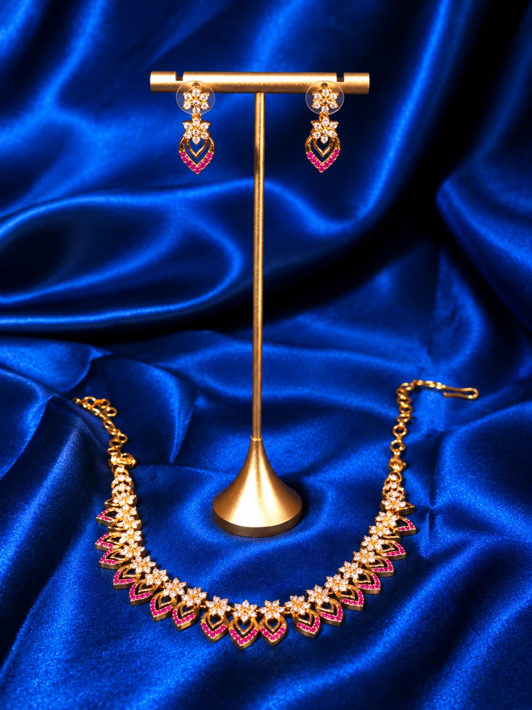 Gold-Plated Floral Leaf CZ & Ruby Stone Necklace Set with Matching Drop Earrings - Image 2