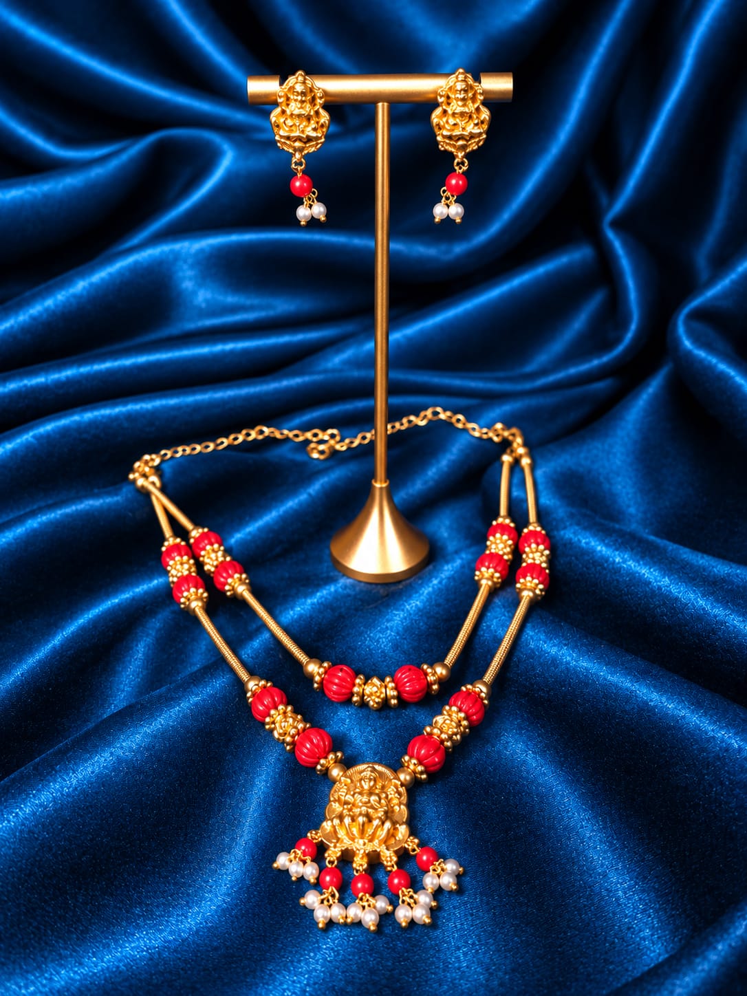 Antique Matte Gold-Plated Double-Layered Red Coral Beads Lakshmi Temple Haram Set - Image 2