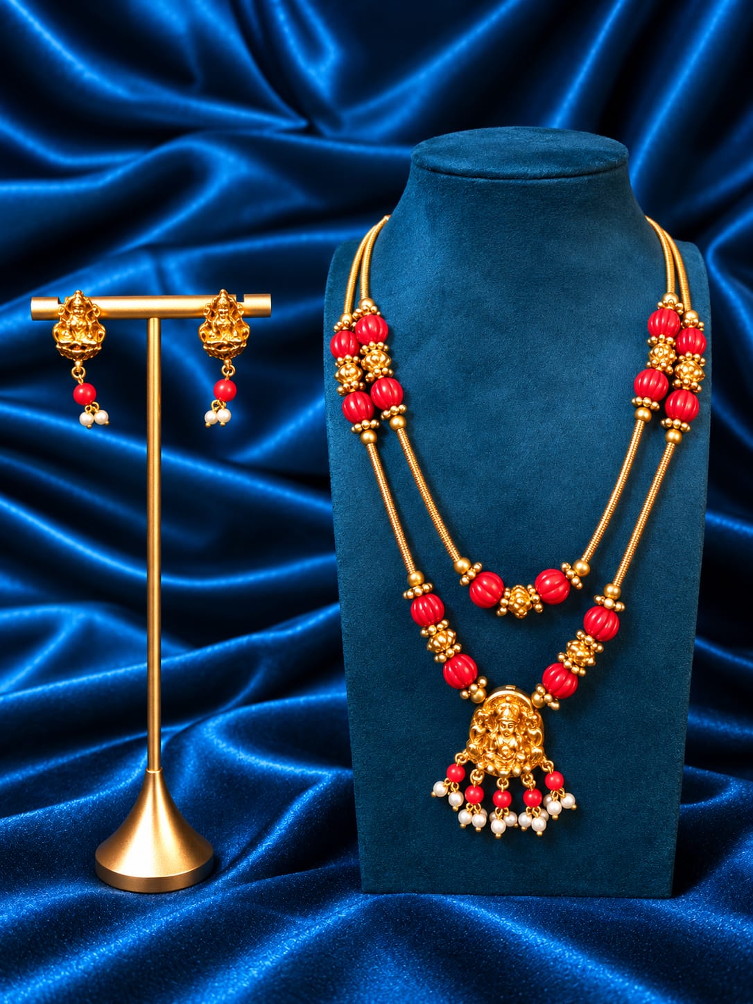 Antique Matte Gold-Plated Double-Layered Red Coral Beads Lakshmi Temple Haram Set