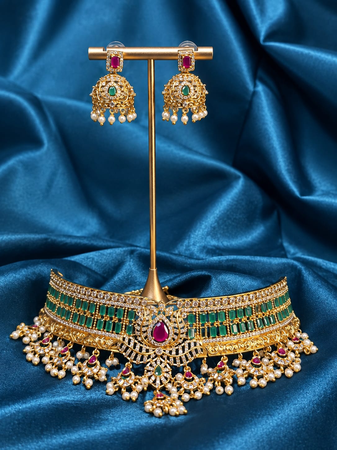 Gold-Plated Emerald & Ruby Broad Choker Set with Jhumkas