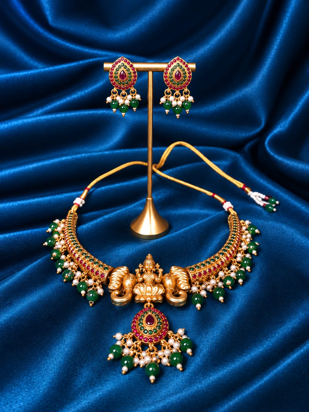 Antique Matte Gold-Plated Gaja Lakshmi Temple Necklace Set with Matching Drop Earrings - Image 2
