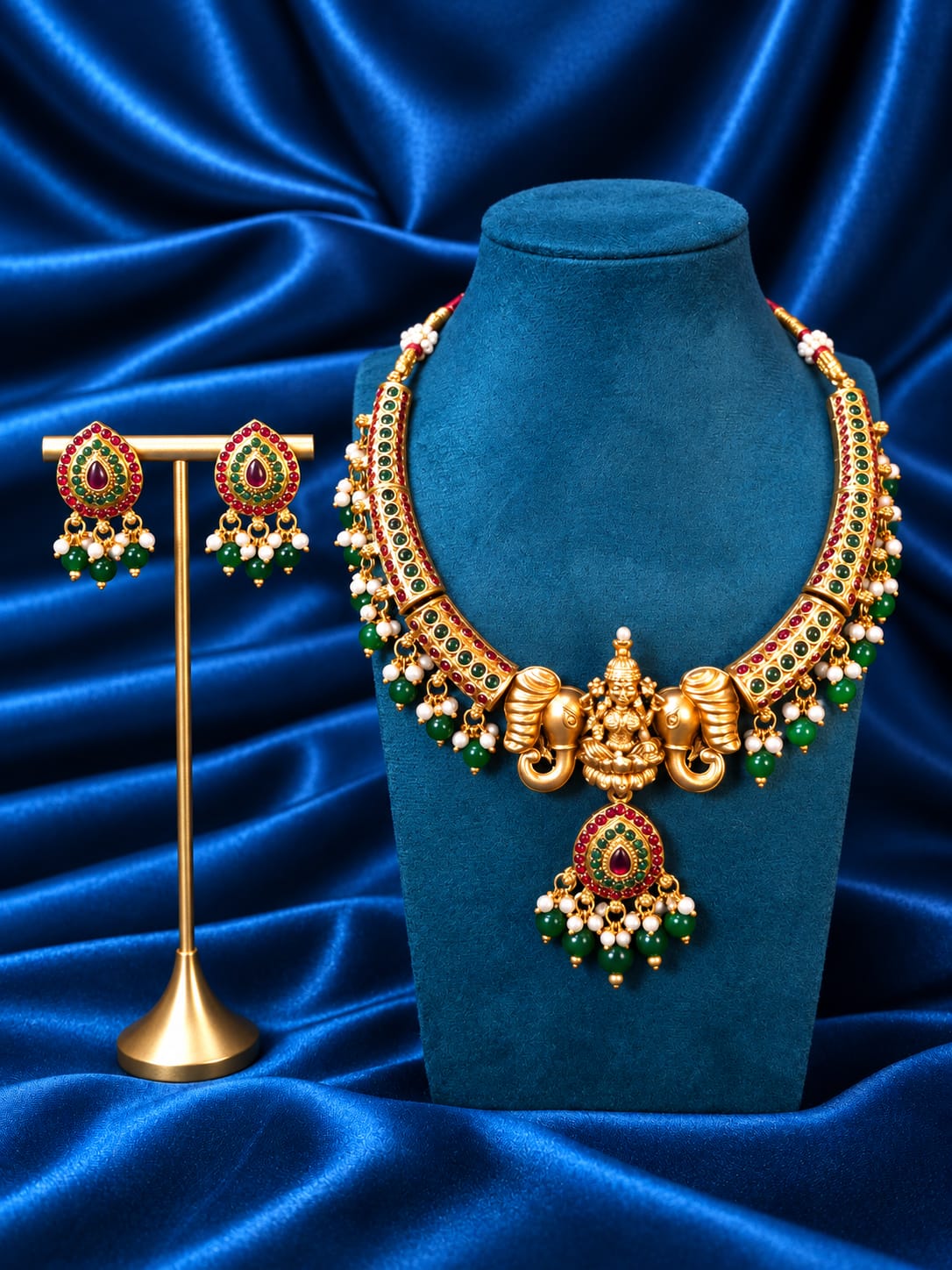 Antique Matte Gold-Plated Gaja Lakshmi Temple Necklace Set with Matching Drop Earrings