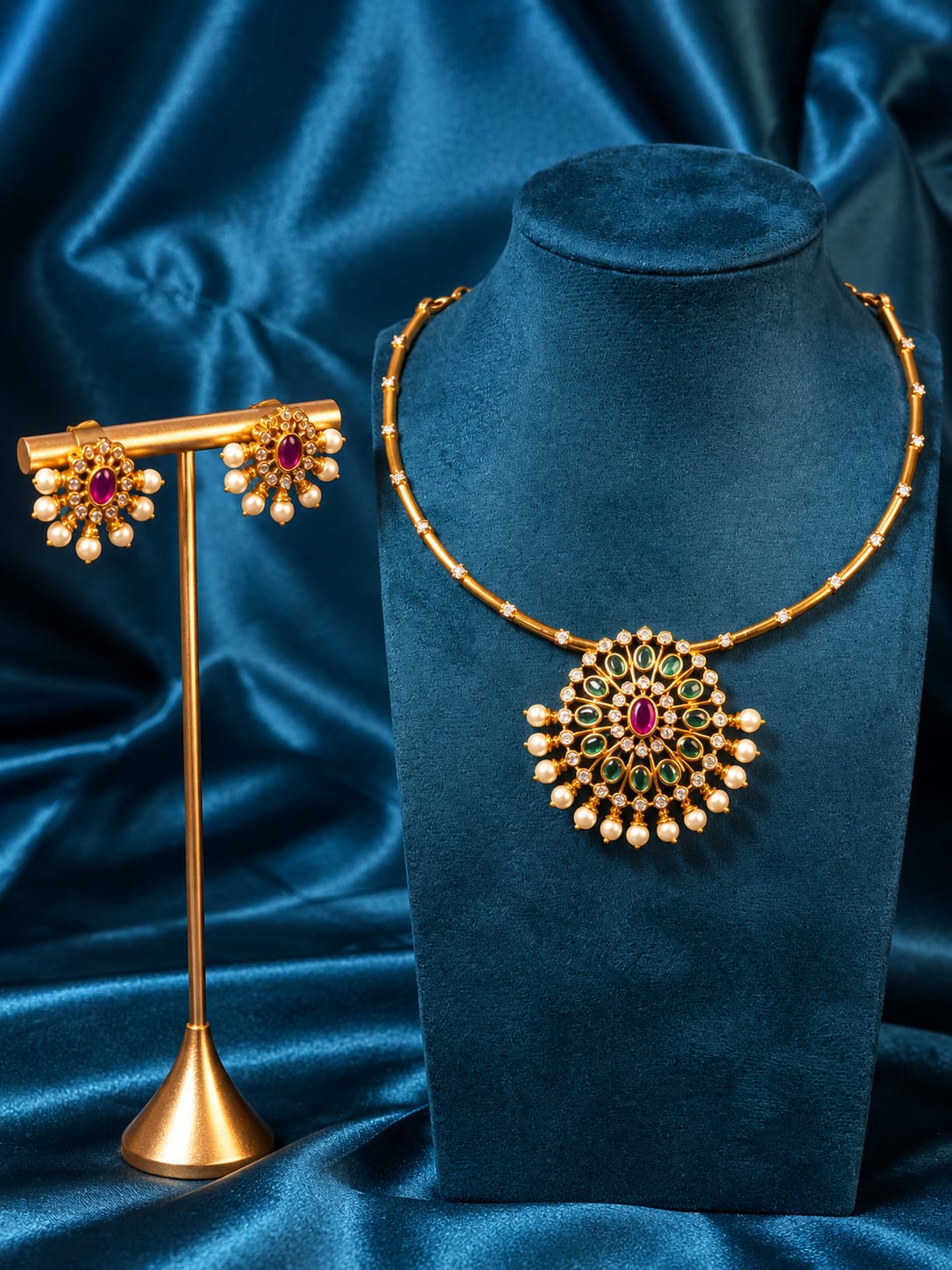 Gold-Plated Floral Mandala Hasli Necklace Set with Pearl Drops and Matching Studs