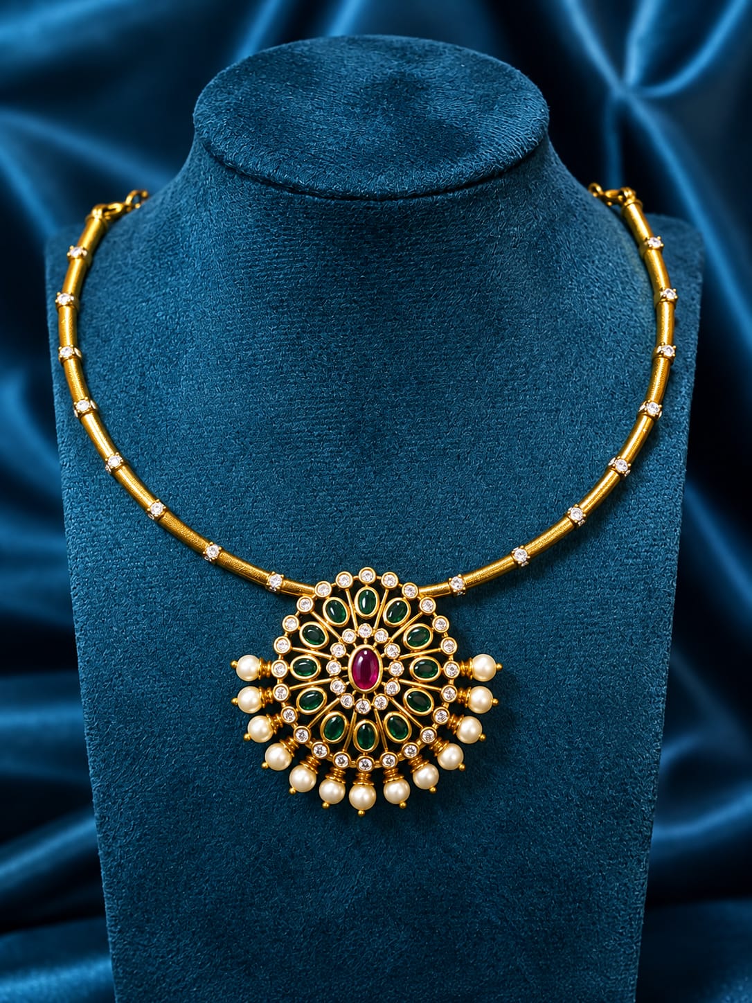 Gold-Plated Floral Mandala Hasli Necklace Set with Pearl Drops and Matching Studs - Image 2