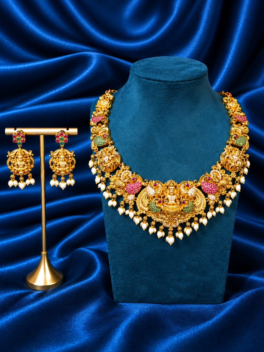 Gold-Plated Chandbali Long Haram Necklace Set with Matching Chandbali Earrings